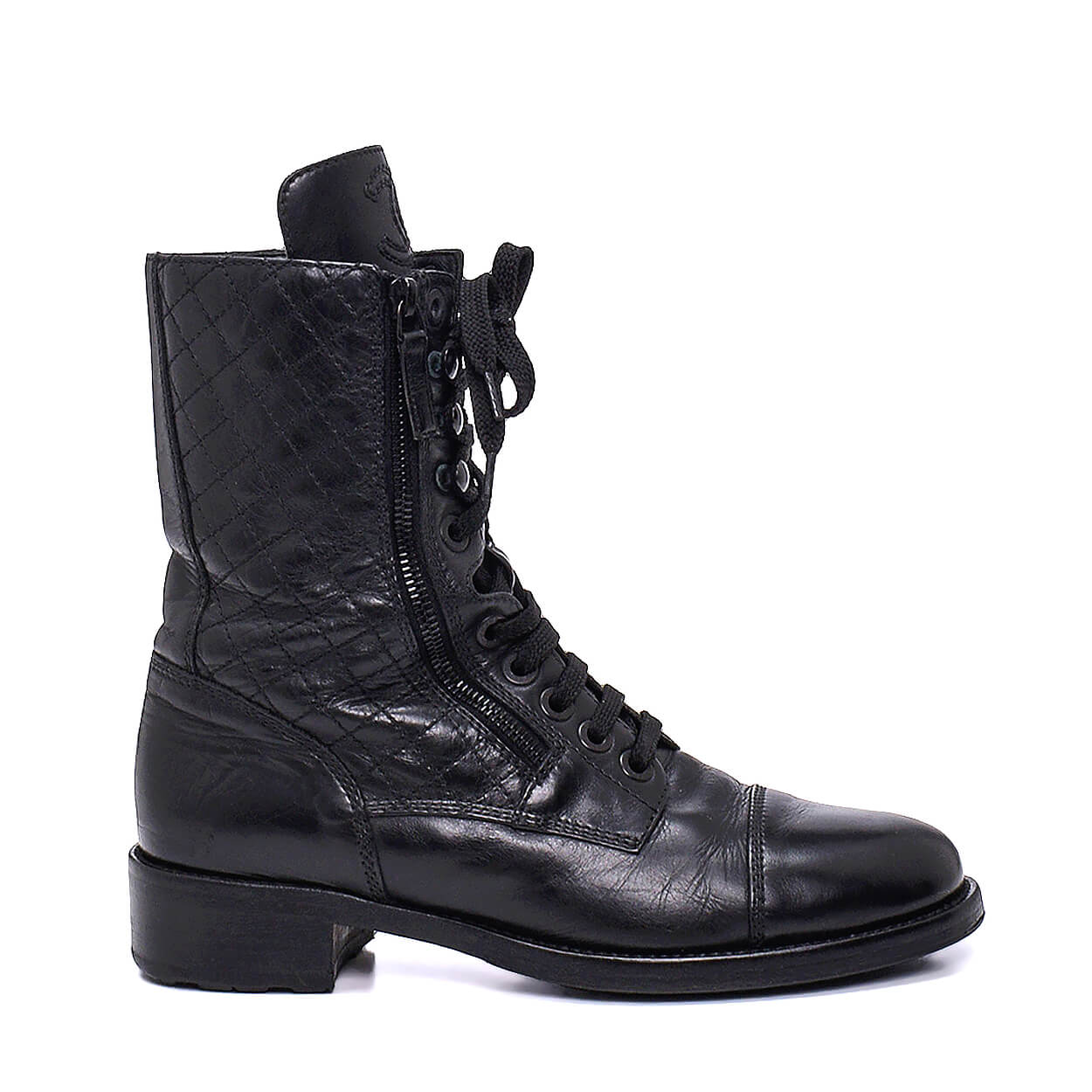 Chanel - Black Quilted Leather  Lace Up Boots